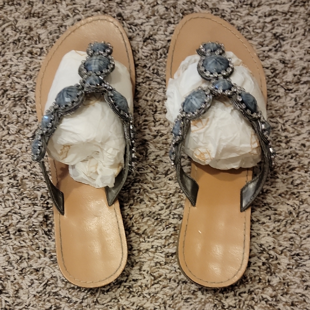 Parker Blue and Tan Sandals with Thong Strap
